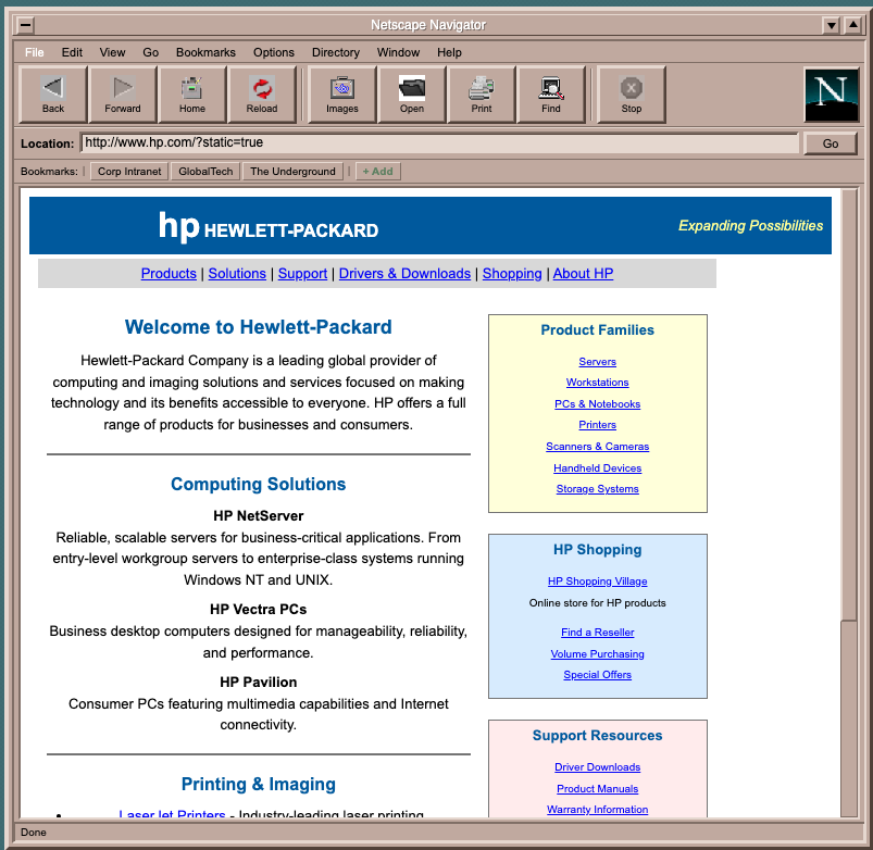 Netshell Netscape Navigator showing 90s Hewlett-Packard corporate website