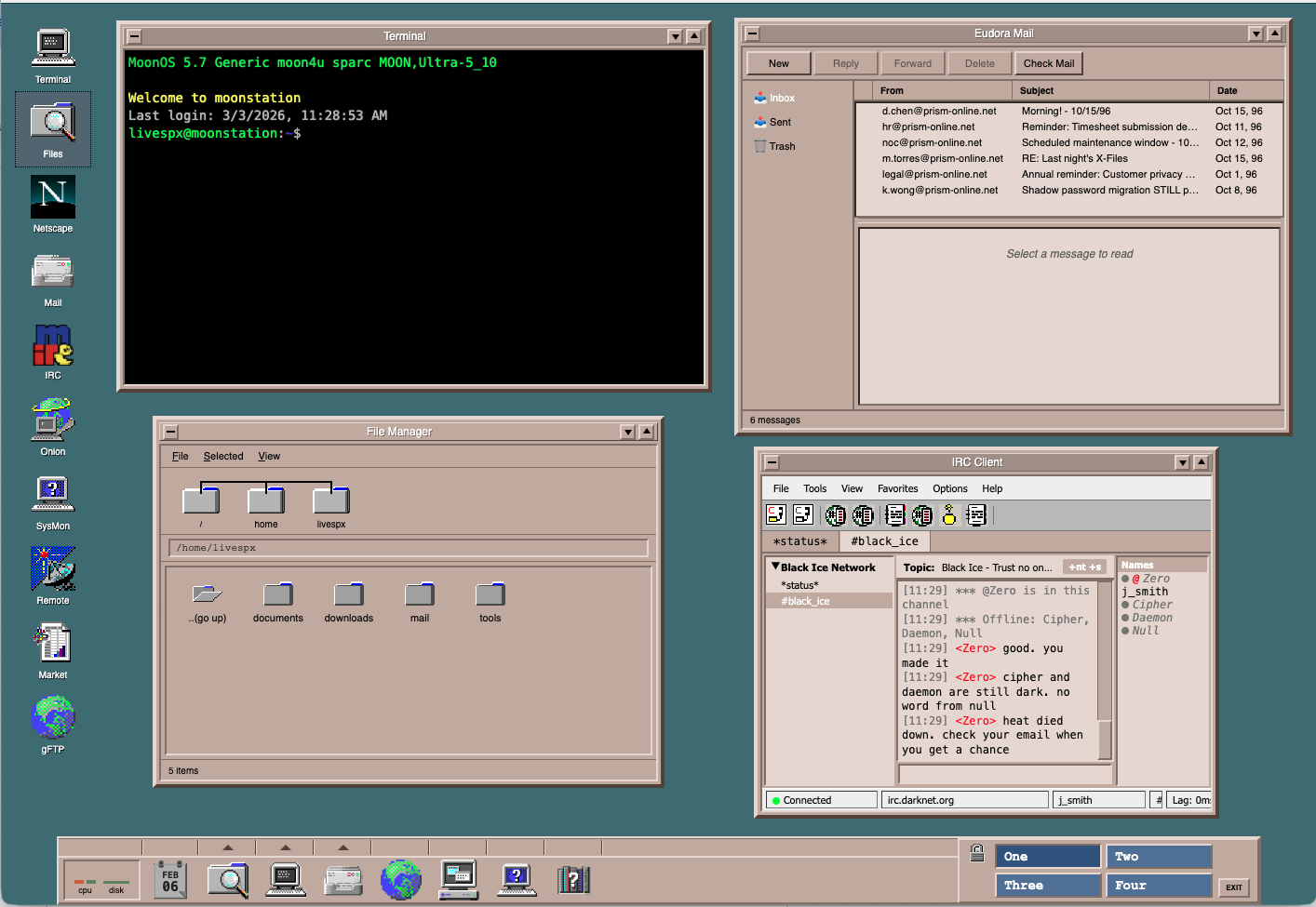 Netshell CDE desktop environment with terminal, file manager and applications