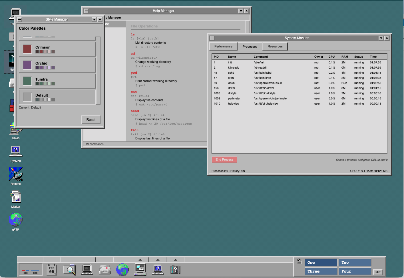 Netshell CDE file manager with color palette and system tools
