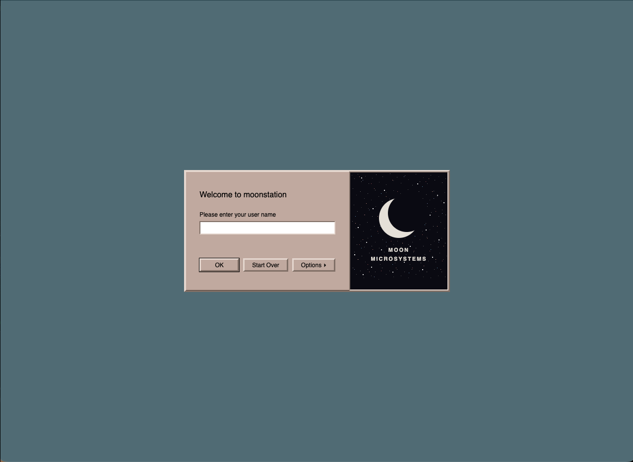 Netshell Moon Microsystems login screen with retro CDE aesthetic